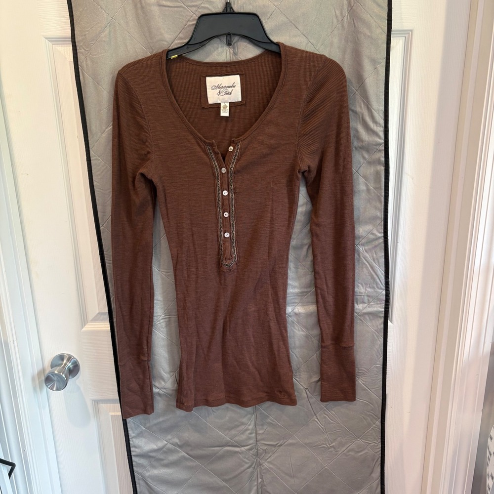 Abercrombie & Fitch Vintage Y2K Brown Lace Trimmed Longline Ribbed Henley Top L